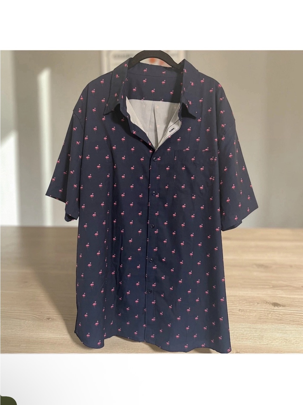 HDE Men's Size 2XL Navy with Pink Flamingo Print Short Sleeve Button-Down Shirt